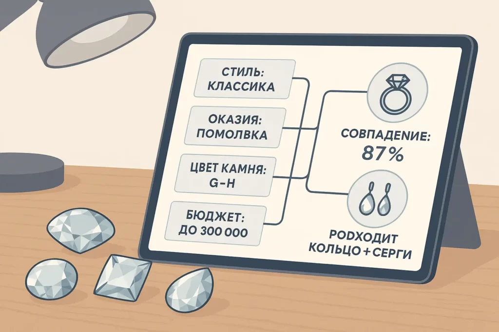Планшет с диаграммой подбора украшений по параметрам клиента, рядом на столе лежат огранённые камни разных форм.