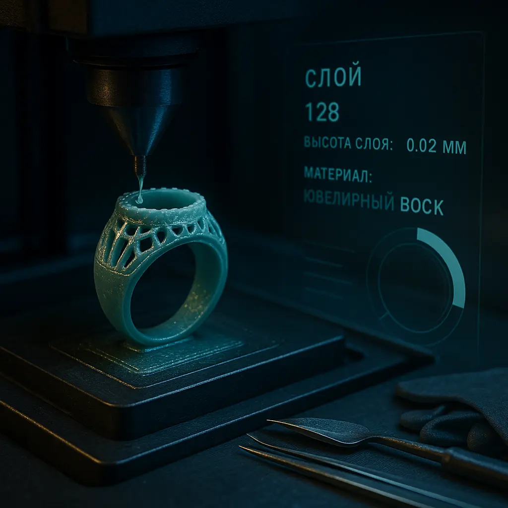 Ювелирный 3D-принтер печатает кольцо из воска; на экране интерфейс с надписями на русском: «СЛОЙ 128», «ВЫСОТА СЛОЯ: 0.02 ММ», «МАТЕРИАЛ: ЮВЕЛИРНЫЙ ВОСК».