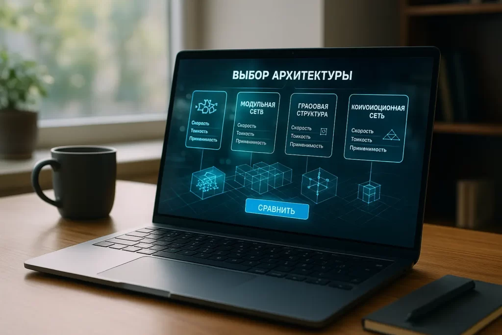 Ноутбук с интерфейсом выбора архитектуры нейросети; на экране блоки с подписями на русском: «ТРАНСФОРМЕР», «МОДУЛЬНАЯ СЕТЬ», «ГРАФОВАЯ СТРУКТУРА», «КОНВОЛЮЦИОННАЯ СЕТЬ» и кнопка «СРАВНИТЬ».